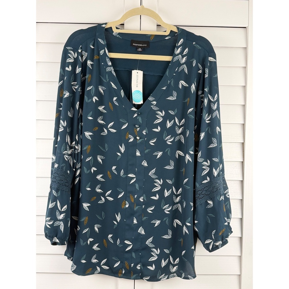 Fortune + Ivy Brooker Mixed Material Blouse XXL Dark Green Leaf Print NEW